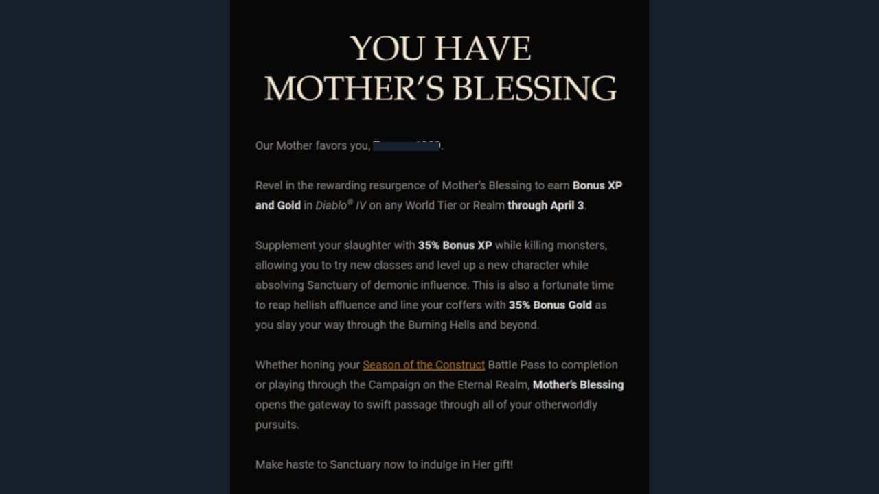 Diablo 4 Mother's Blessing message