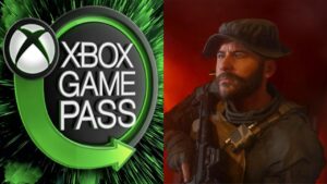 Microsoft Xbox game pass logo on a green burst background next to a male video game character in military attire against a red backdrop.