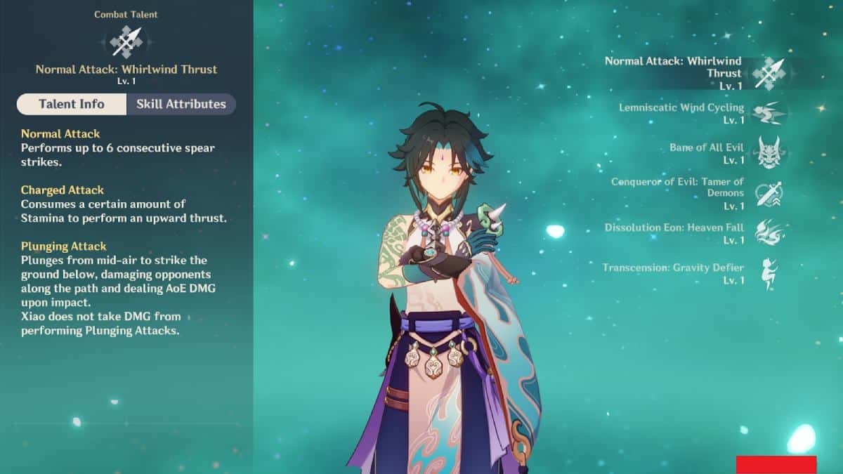 Xiao in the Talent Screen in Genshin Impact.