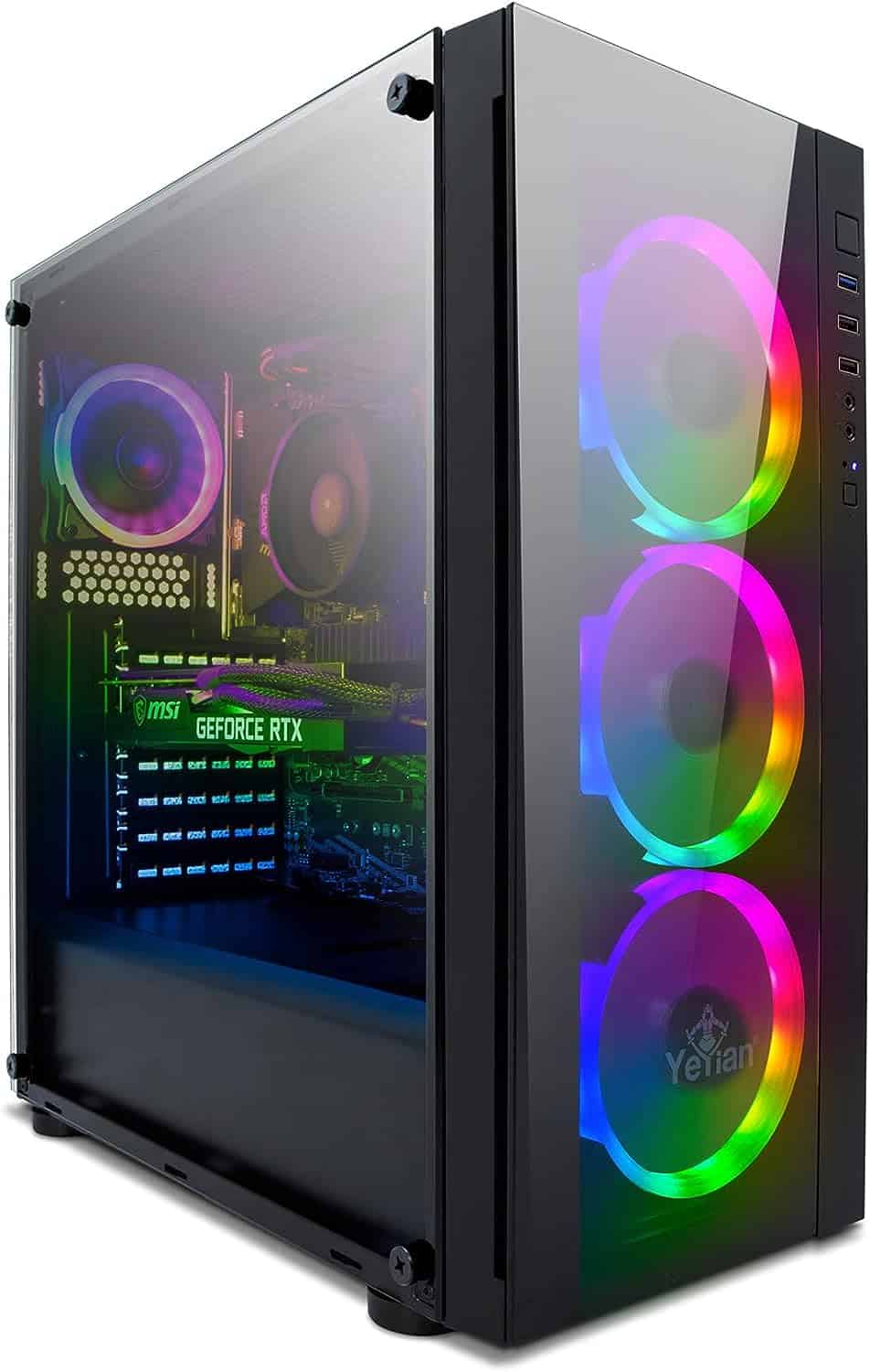 A YEYIAN computer case featuring a rainbow colored fan.