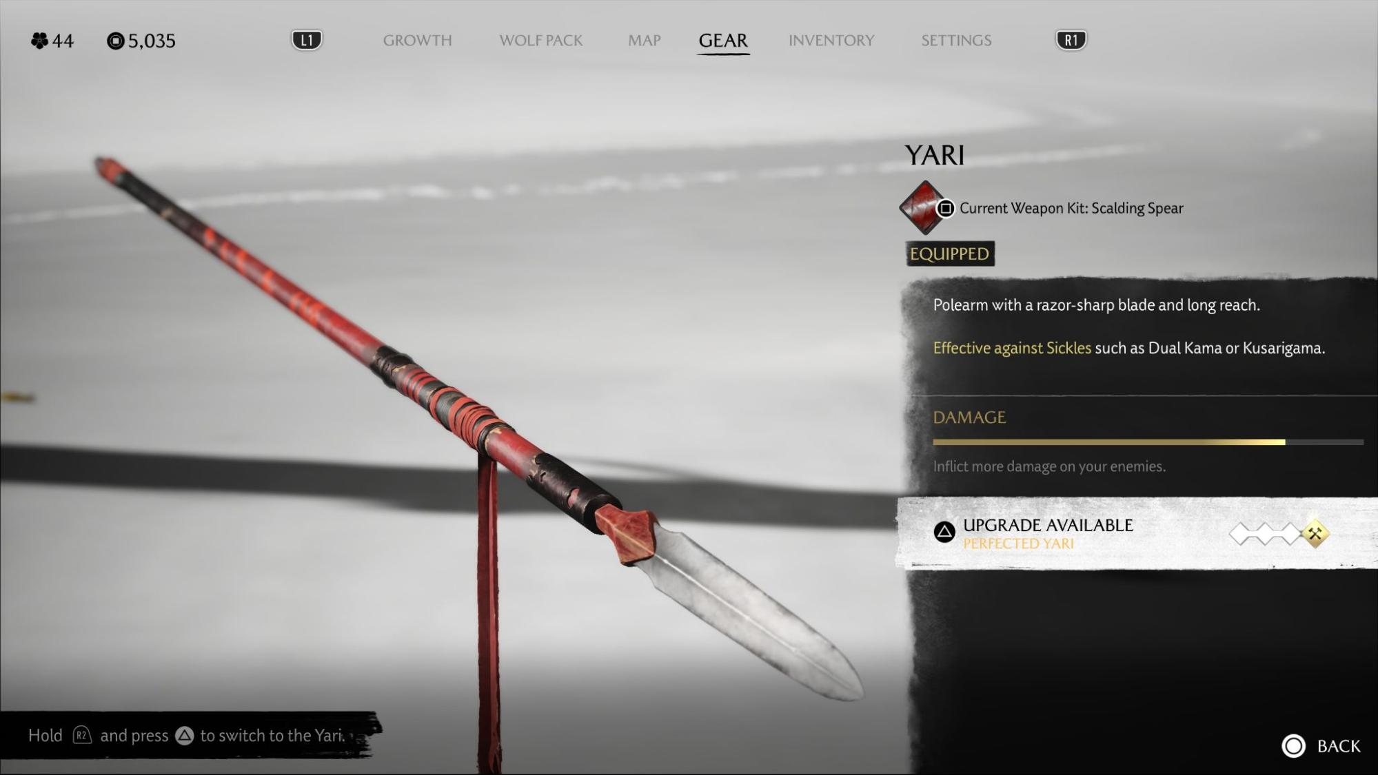 Yari upgrade screen in Ghost of Yotei showing polearm stats and upgrade option