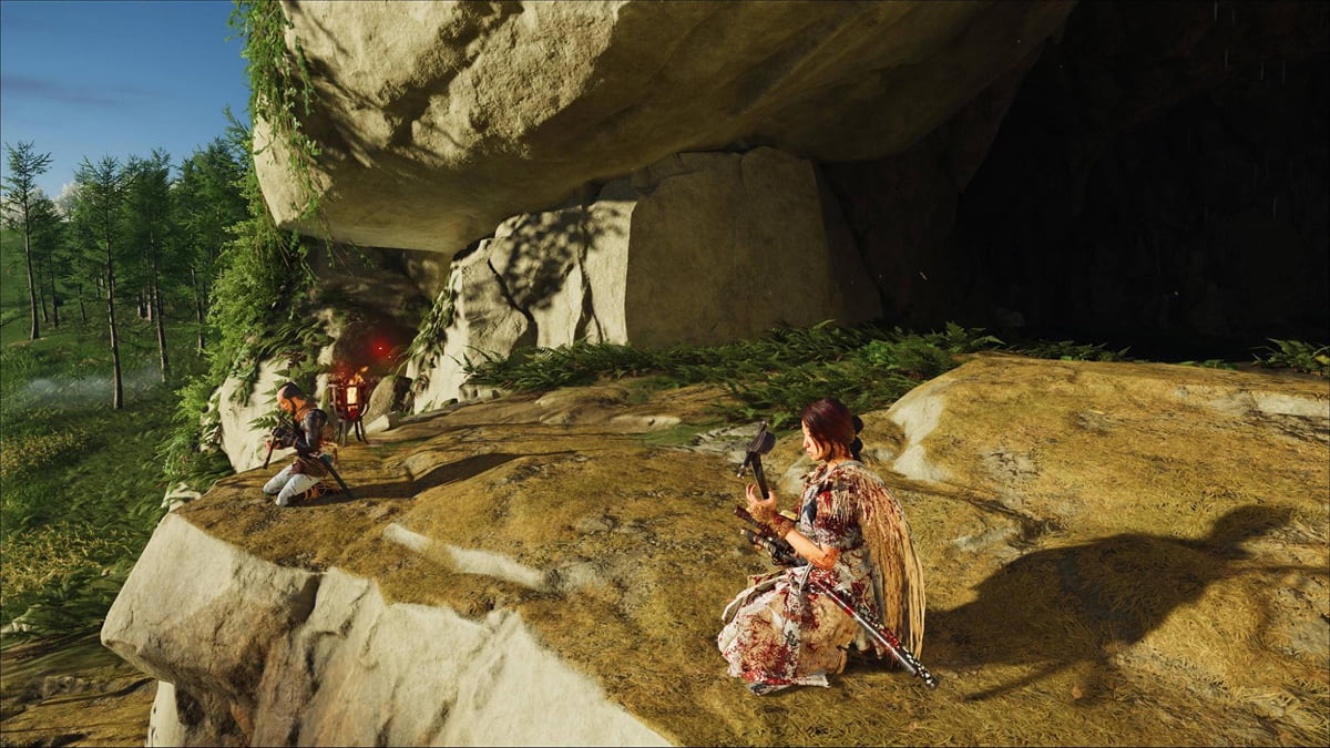 Atsu playing the shamisen to unlock Soma’s cavern in Ghost of Yotei