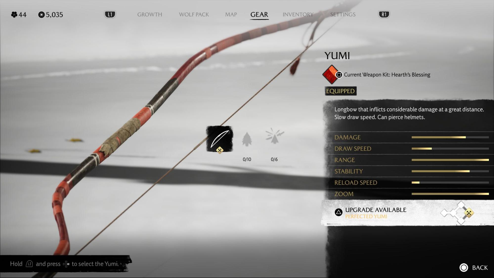 Yumi upgrade screen in Ghost of Yotei showing longbow stats and upgrade option
