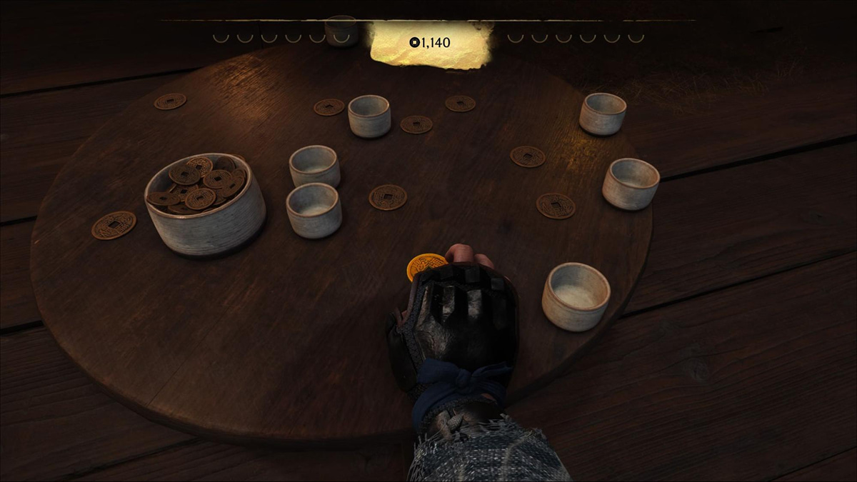A player prepares a precise coin flick in Ghost of Yotei’s Zeni Hajiki mini-game