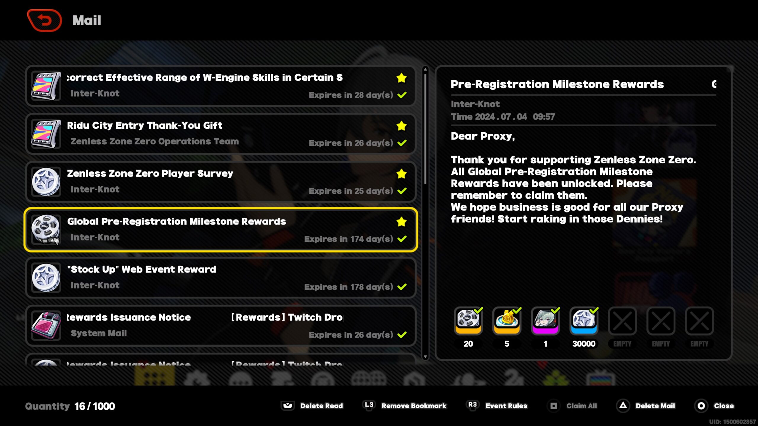 zenless zone zero 180 free pulls - the mail page showing rewards