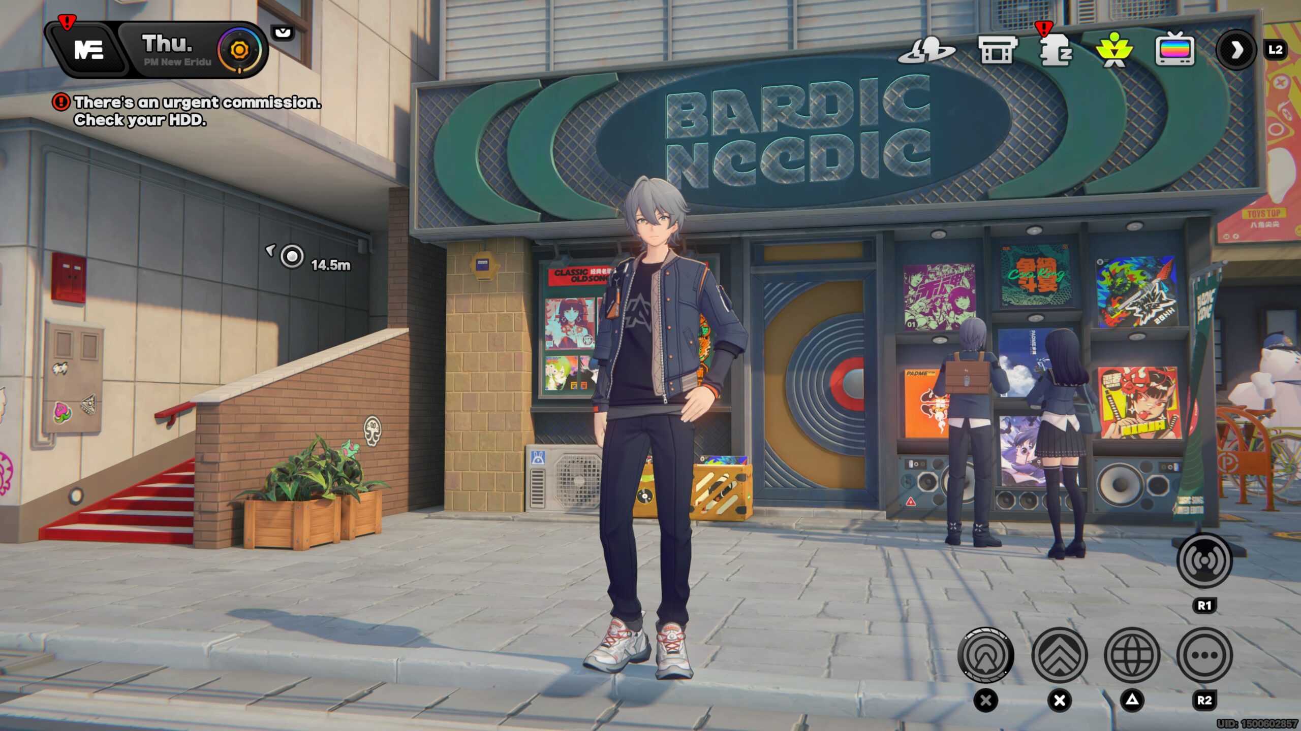 a man with white hair stands in front of a record store.
