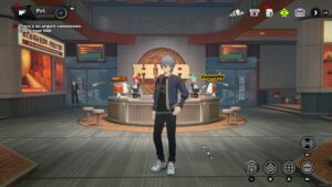 zenless zone zero level inter-knot fast - a man with white hair stands in front of a counter in zzz