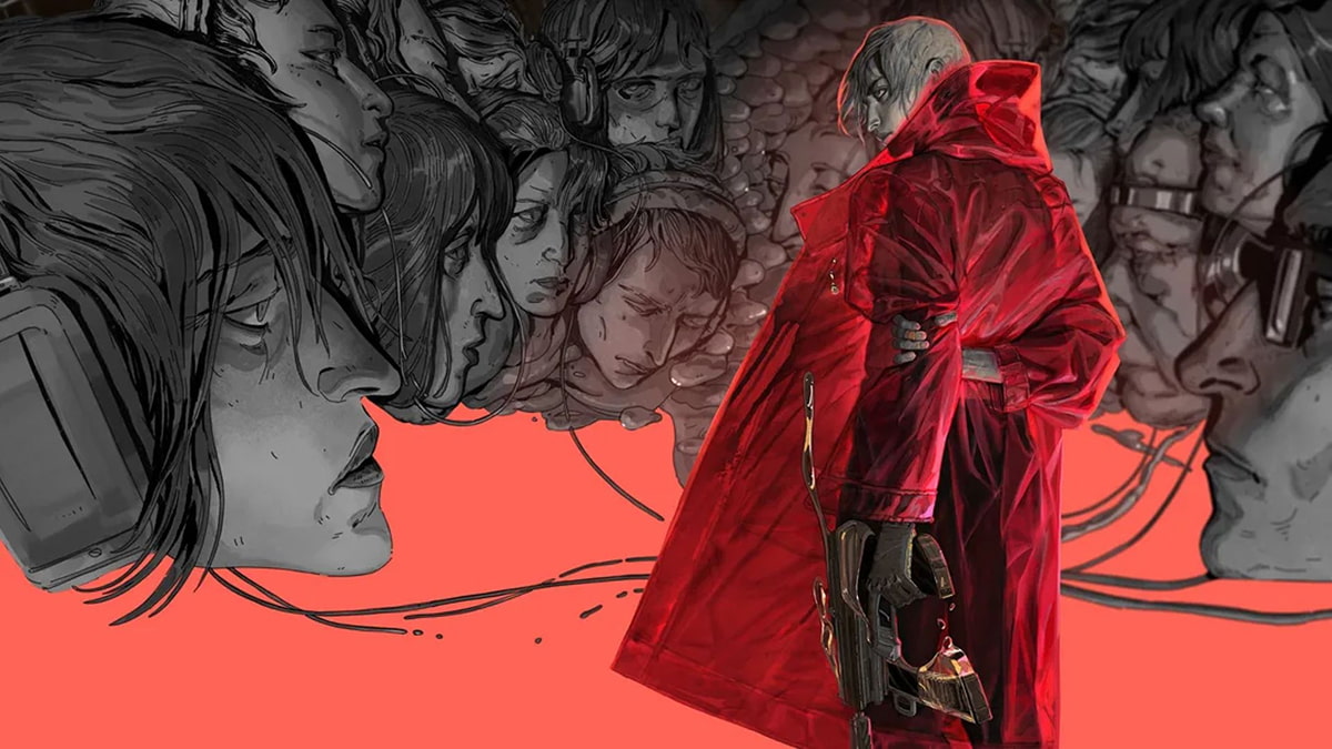 Herschel Wilk from Zero Parades For Dead Spies stands in red coat facing shadowy faces symbolizing fractured identity