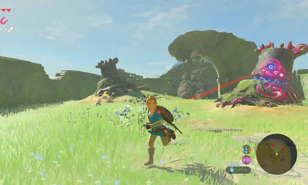 A guide to Zelda: Link running away from a Guardian in Breath of the Wild.