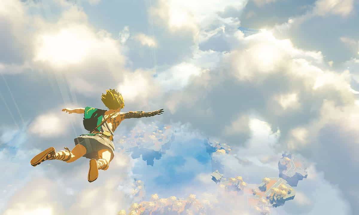 A guide to Zelda: Link skydiving through clouds in Tears of the Kingdom.