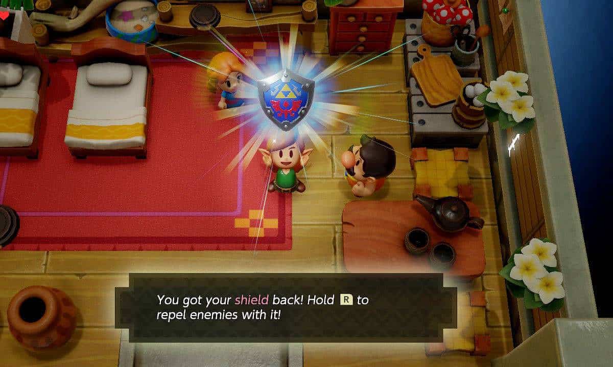 A guide to Zelda: Link holding up the Hylian Shield in a bedroom in Link's Awakening.