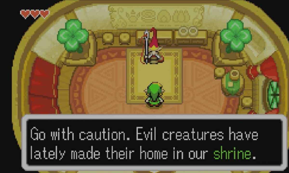 A guide to Zelda: Link being warned about evil creatures in The Minish Cap.