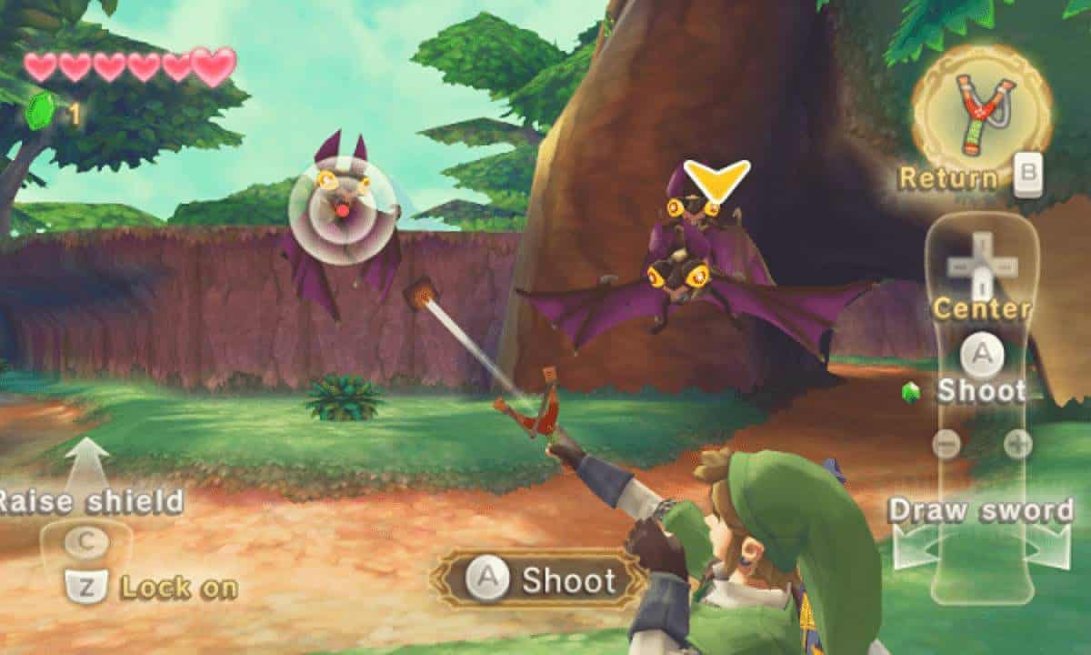 A guide to Zelda: Link firing a slingshot at some winged creatures in Skyward Sword.