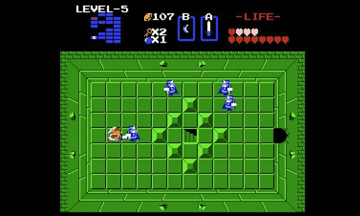 A guide to Zelda: Link attacking an enemy in a green room in The Legend of Zelda.