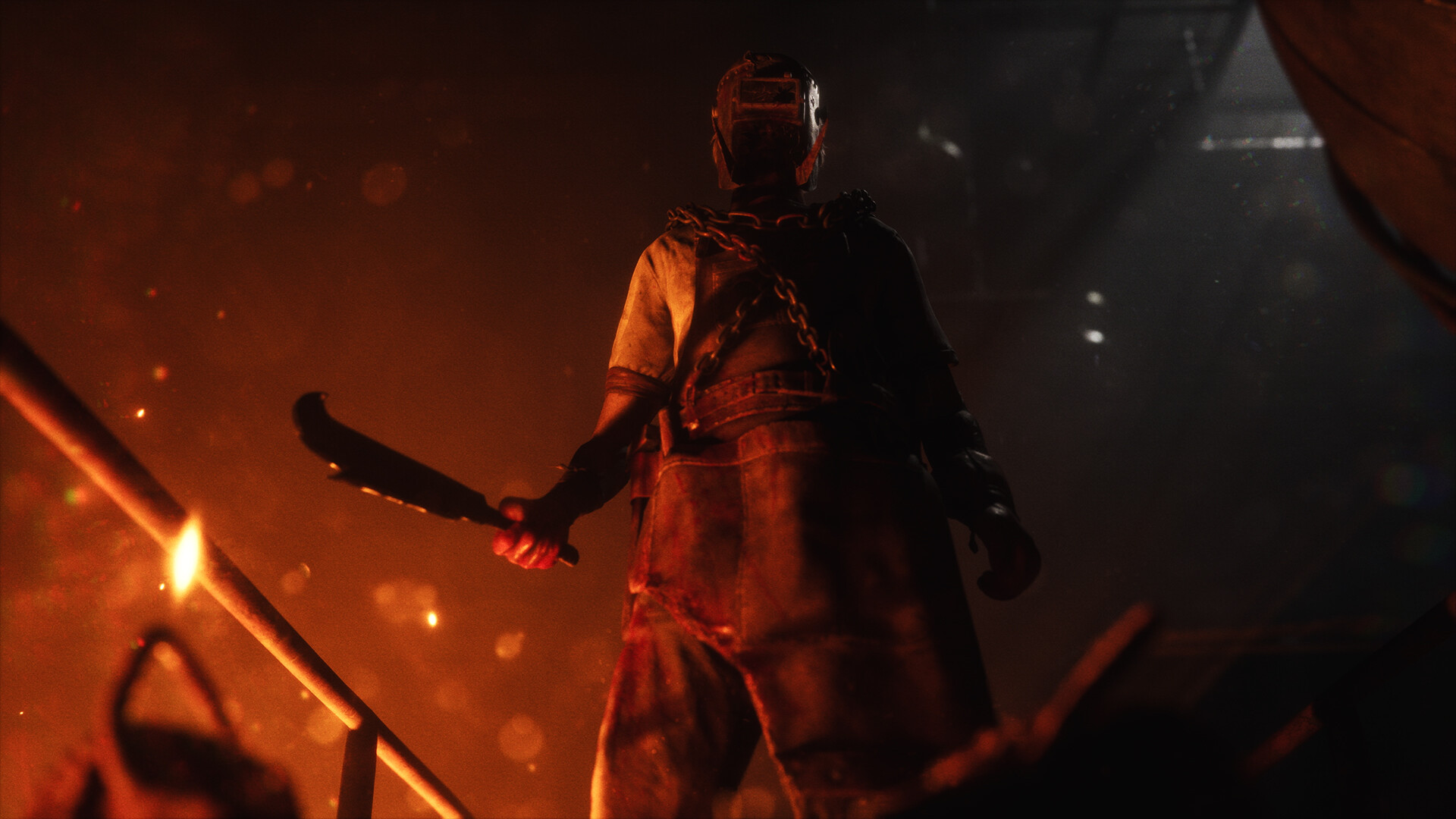a person in a mask holding a weapon standing by poles in The Casting of Frank Stone