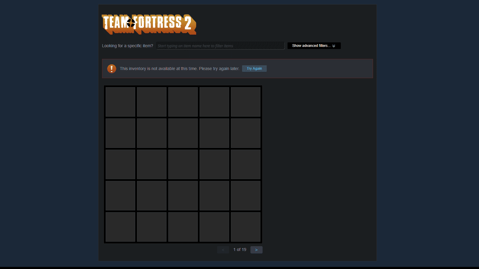 How to fix the TF2 Inventory not available error: The error failing to show the TF2 inventory.