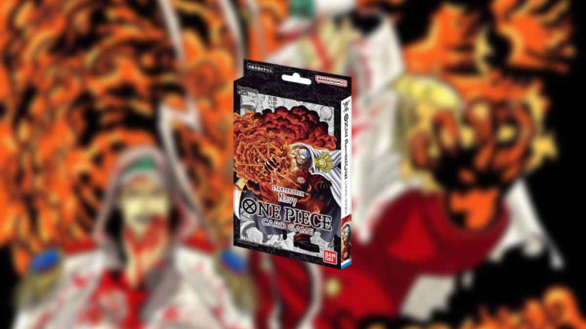 A pack of "best One Piece TCG starter decks" themed playing cards in focus against a blurred background with related artwork.