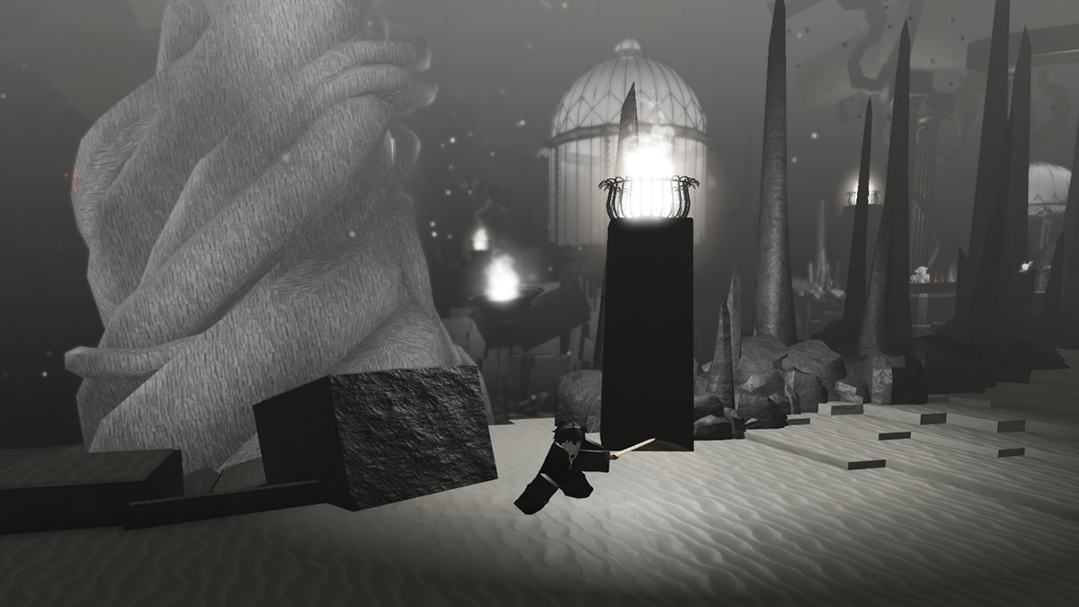 Image of the player swinging a sword near the huge tree in Absolvement on Roblox.