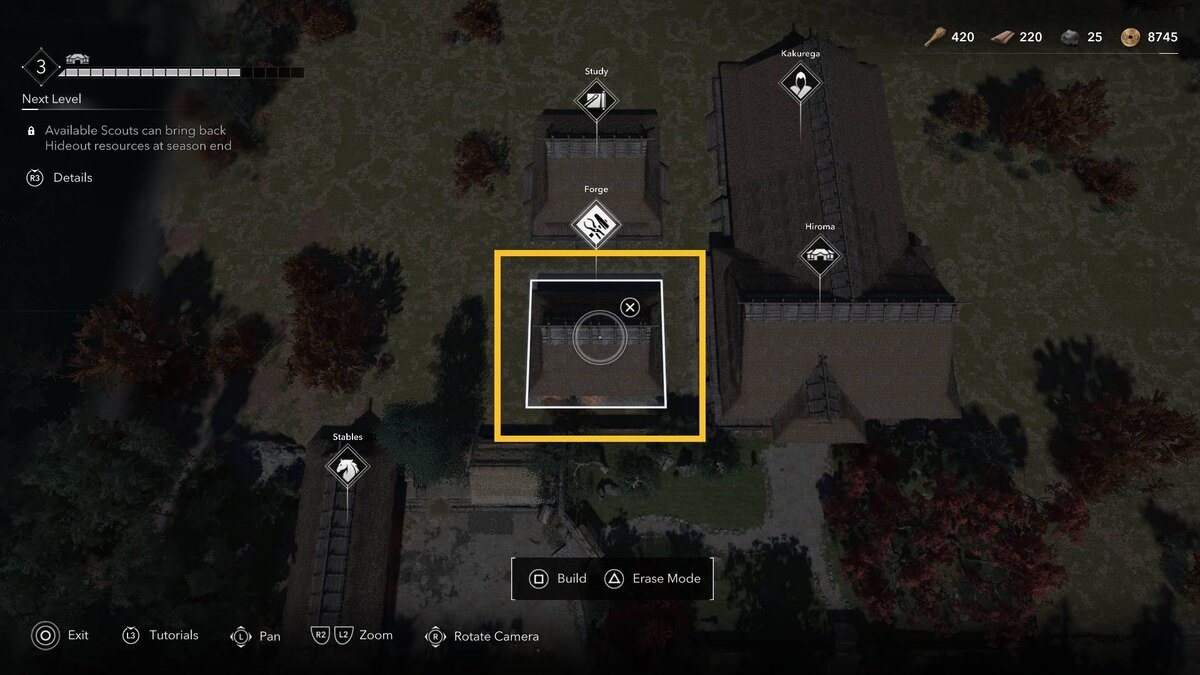 Assassin's Creed Shadows Hideout: Hideout build menu.