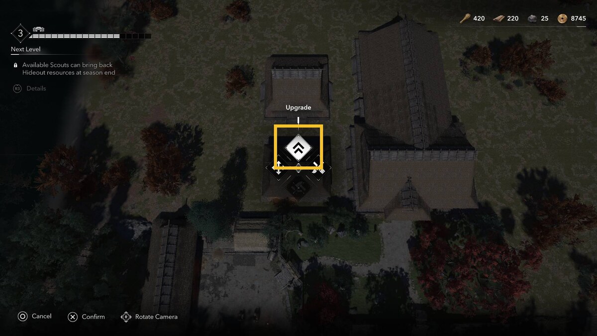 Assassin's Creed Shadows Hideout: Hideout build menu.