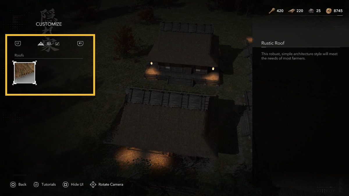 Assassin's Creed Shadows Hideout: Hideout build menu.