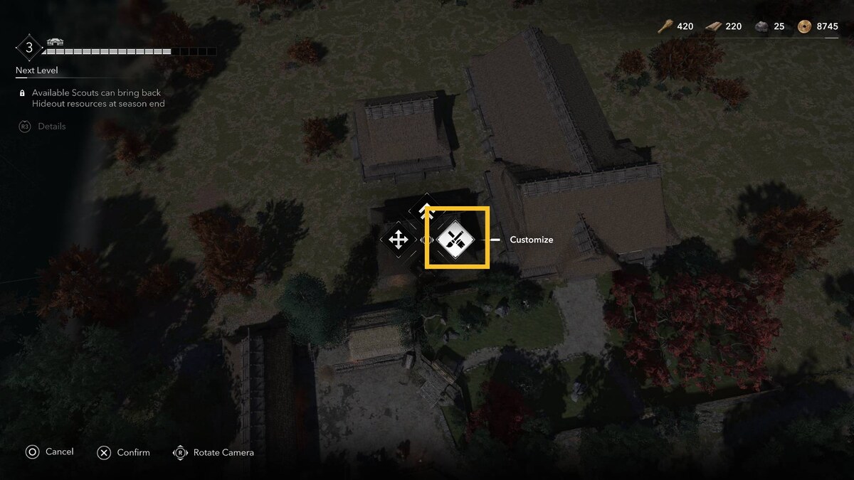 Assassin's Creed Shadows Hideout: Hideout build menu.