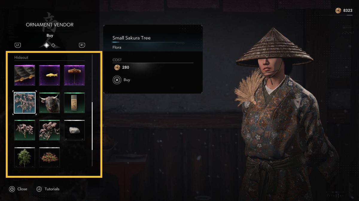 Assassin's Creed Shadows Hideout: vendor menu.