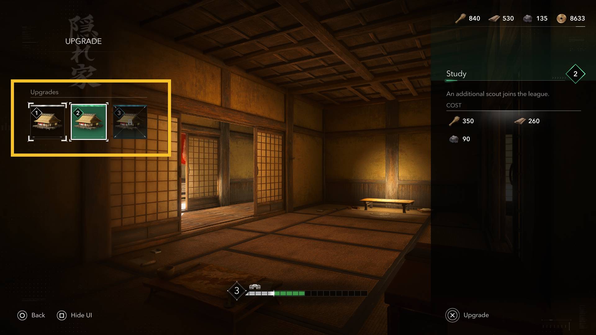 Assassin's Creed Shadows Hideout: Hideout build menu.