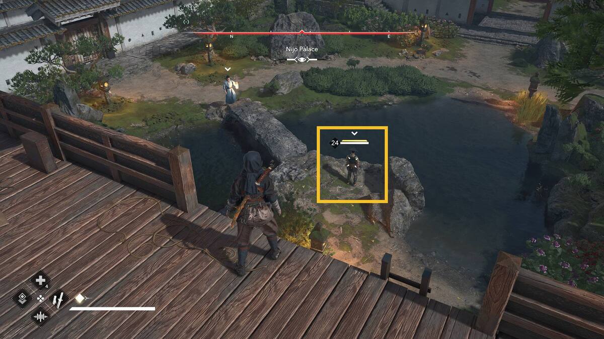 Assassin's Creed Shadows lock on target: Naoe locking onto an enemy.