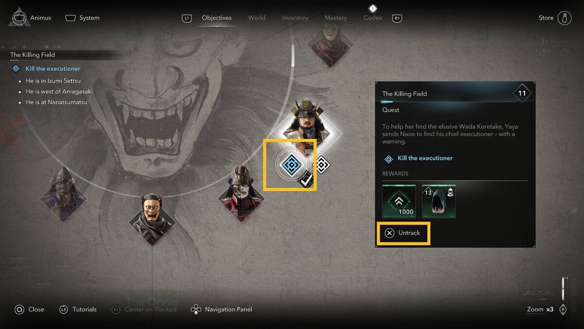 Assassin's Creed Shadows scouts: objectives menu.