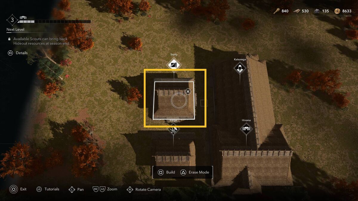 Assassin's Creed Shadows scouts: Hideout menu.