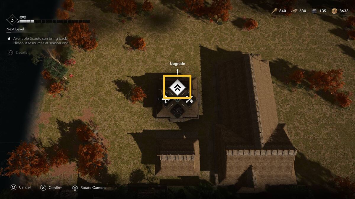 Assassin's Creed Shadows scouts: Hideout menu.
