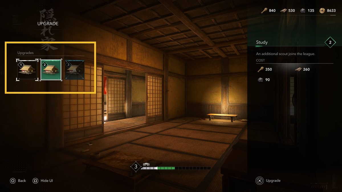 Assassin's Creed Shadows scouts: Hideout menu.