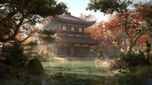 Assasson's Creed Shadows Switch: Shinobu in a garden near a palace.
