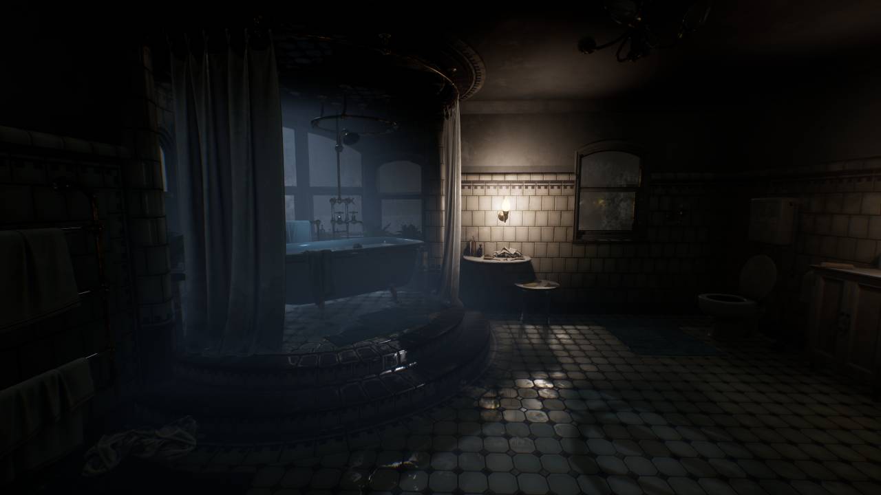 Ad Infinitum gameplay preview: A bathroom with the bath raised up some steps, and a light above a sink at the far side.