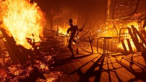 Ad Infinitum gameplay preview: A spindly monster stood amongst some burning bed frames.