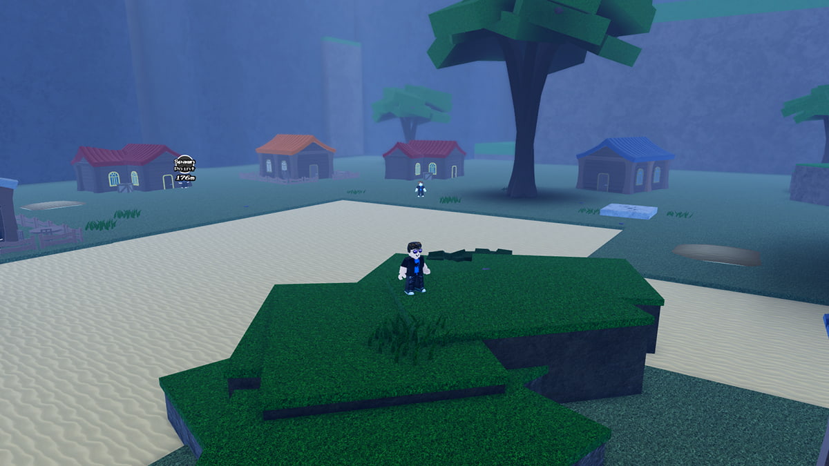 Image of the player standing on top of a hill with houses in the background in Aether Adventure on Roblox.