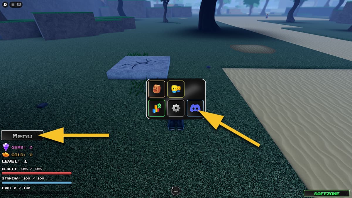 Image of the Menu window in Aether Adventure on Roblox, with arrows pointing at the Menu button and the Discord icon.