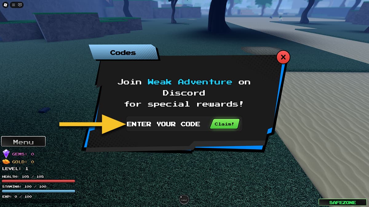 Image of the code input window in Aether Adventure on Roblox, with an arrow pointing at the text input box.