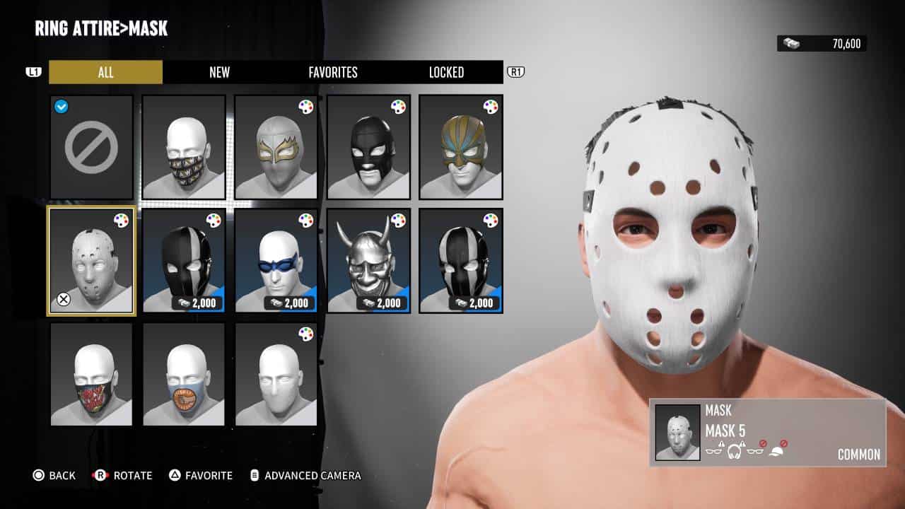 AEW Fight Forever review: The customisation screen showing some of the masks on offer.