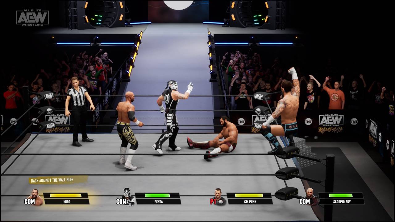 AEW Fight Forever review: The game in action, with one wrestler stood on the top rope in the corner, while three others are in the middle.
