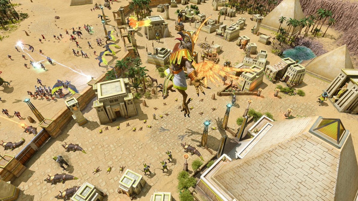 A player summons a Titan in an Egyptian town in Age of Mythology: Retold.