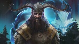 Norse god Loki smiling while a wolf stands behind him.