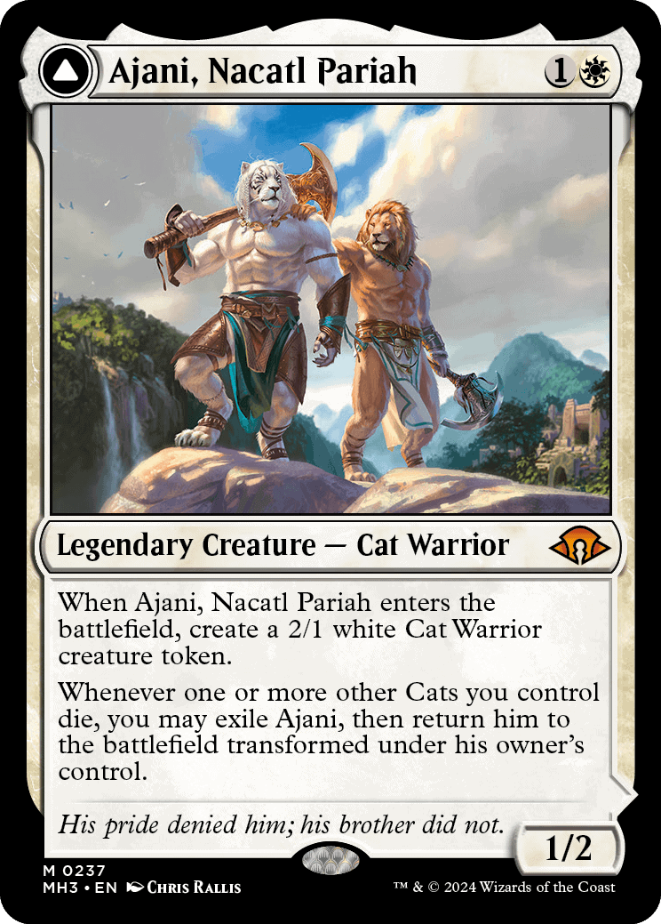 A Magic: The Gathering card featuring the character Ajani, Nacatl Pariah, a leonin cat warrior, with artwork depicting a fierce lion humanoid wielding a weapon and included in the MT
