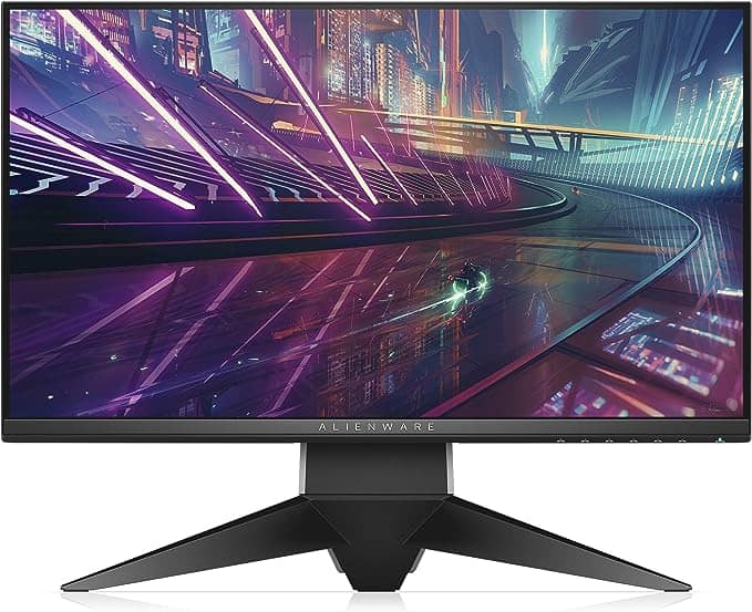 An Alienware AW2518H monitor displaying a cityscape against a black background.