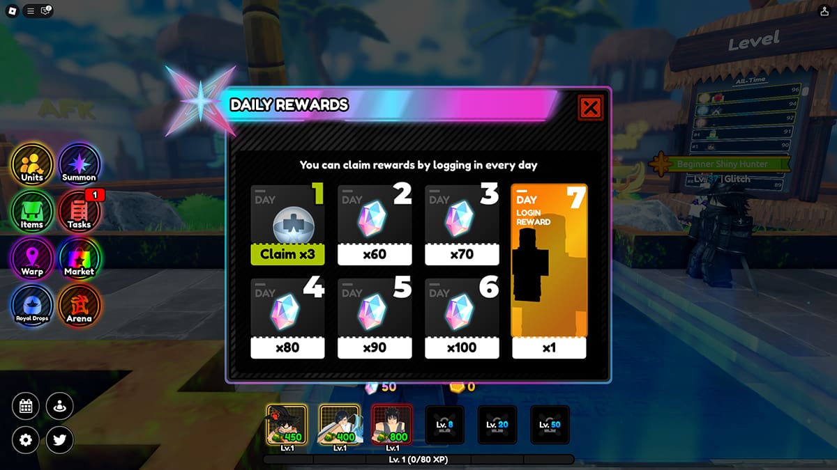 Image of the Daily Rewards screen in All Star Tower Defense X on Roblox.
