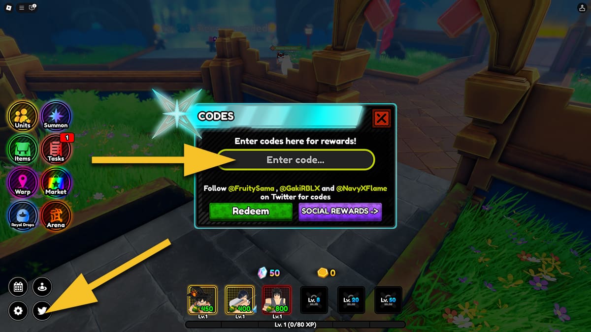 Image of the code redemption screen in All Star Tower Defense X on Roblox, with arrows pointing at the Twitter icon and the code input text box.