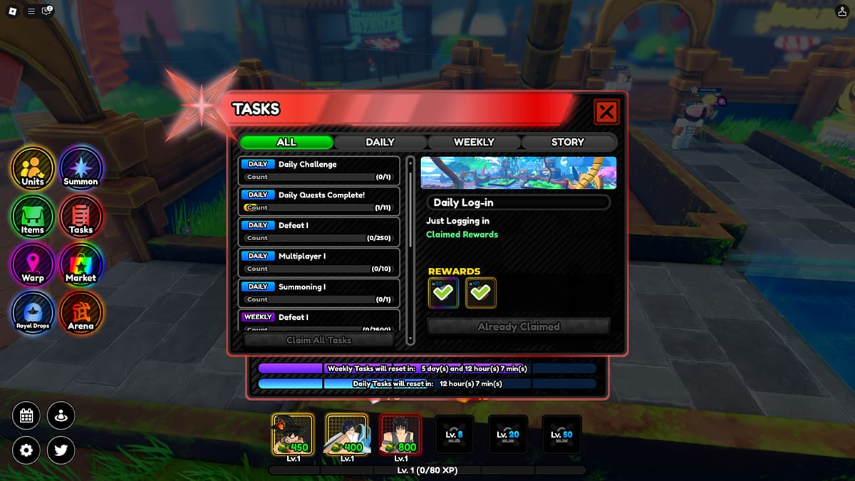 Image of the Tasks window in All Star Tower Defense X on Roblox.
