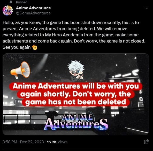 A post from Gomu on X announces that Anime Adventures has been shut down. Image via X (formerly Twitter).