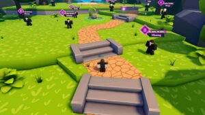 An Anime Arise Evolution player is standing on a path in the centre of the image. Various NPCs are standing on the grass on each side of the path.